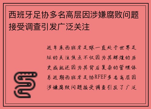 西班牙足协多名高层因涉嫌腐败问题接受调查引发广泛关注 西班牙足协多名高层因涉嫌腐败问题接受调查引发广泛关注